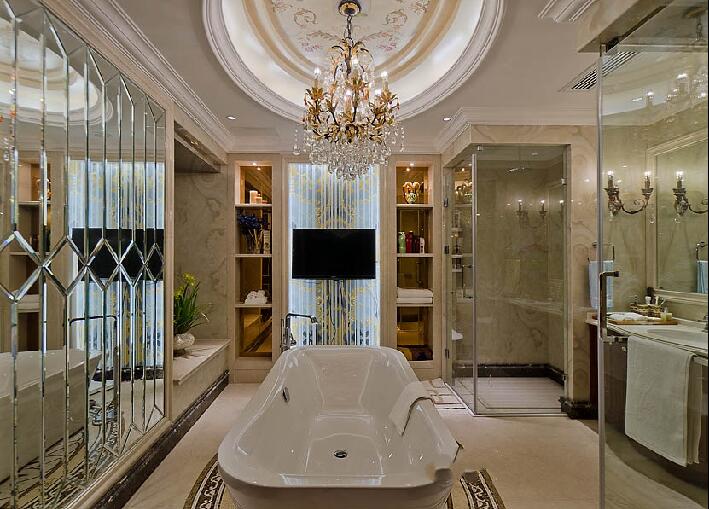 唐山盛世景苑浴室欧式大灯椭圆形吊顶镜面置物架透明推拉门效果图